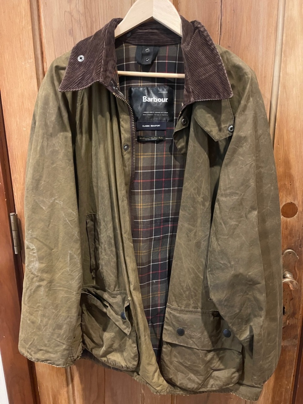 Barbour Olive Waxed Cotton Field Jacket with Brown Corduroy Collar